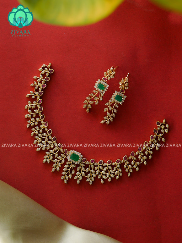 Ruby and green-leafy  -Traditional south indian premium neckwear with earrings- Zivara Fashion- latest jewellery design