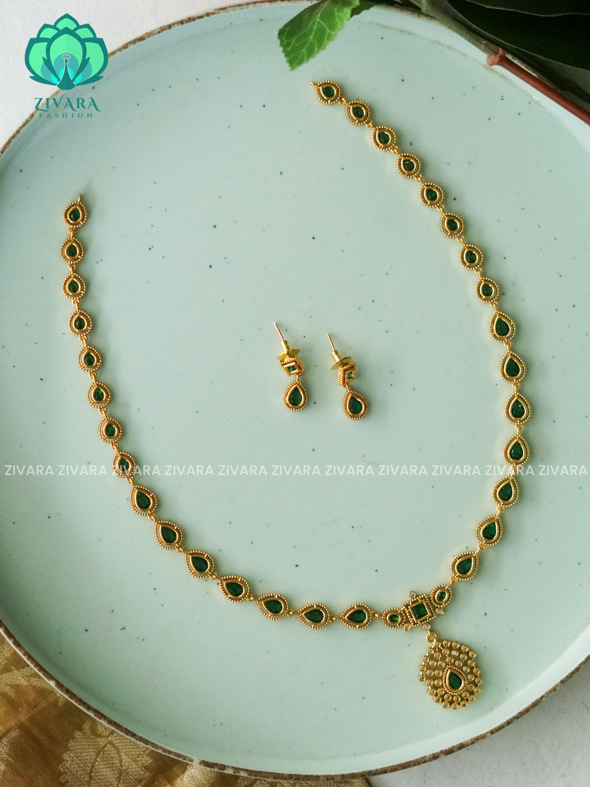 SMALL TEAR GREEN JYOTHIKA INSPIRED (9.5 INCHES) - Traditional PREMIUM MATTE polish haaram/neckwear with earrings- Zivara Fashion