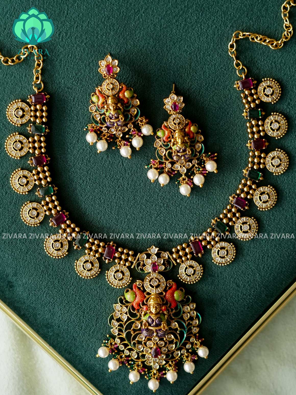 MADHURYA - RUBY GREEN STONE BUTTA LAKSHMI VINTAGE FINISH  handpainted - Traditional south indian premium neckwear without earrings- Zivara Fashion- latest jewellery design