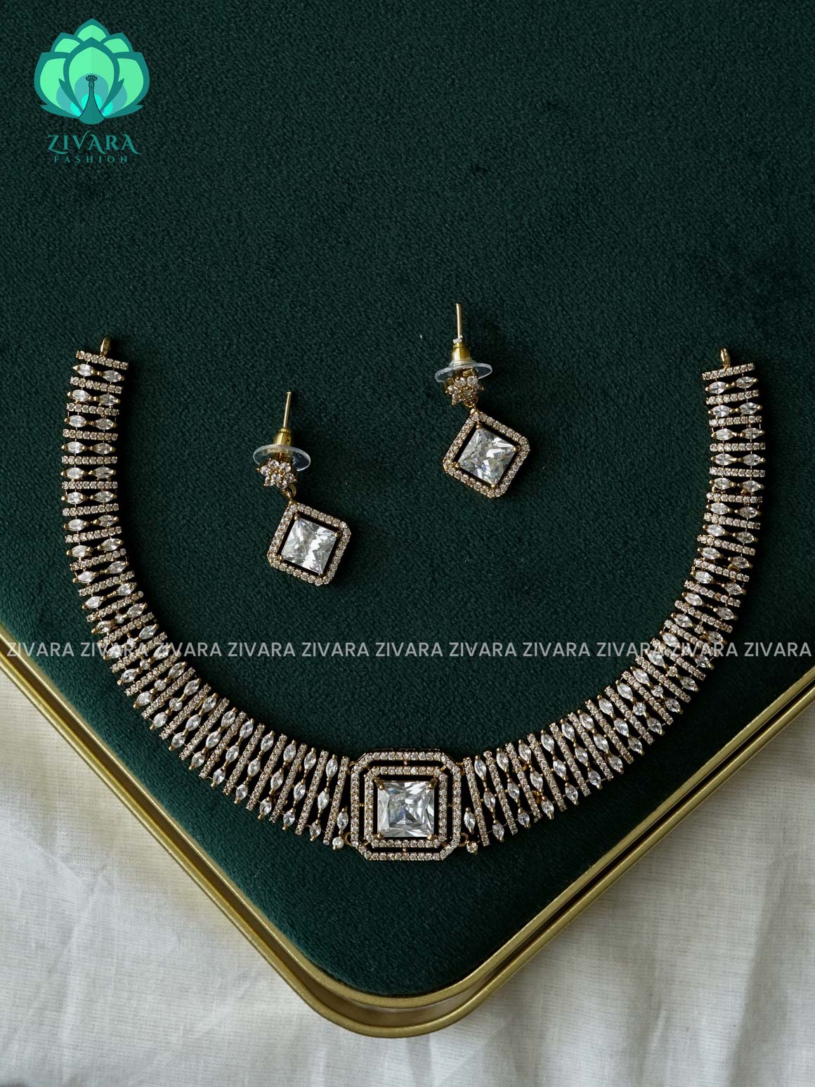 WHITE - Square pendant Bridal hasli - stylish and minimal elegant neckwear with earrings- Zivara Fashion