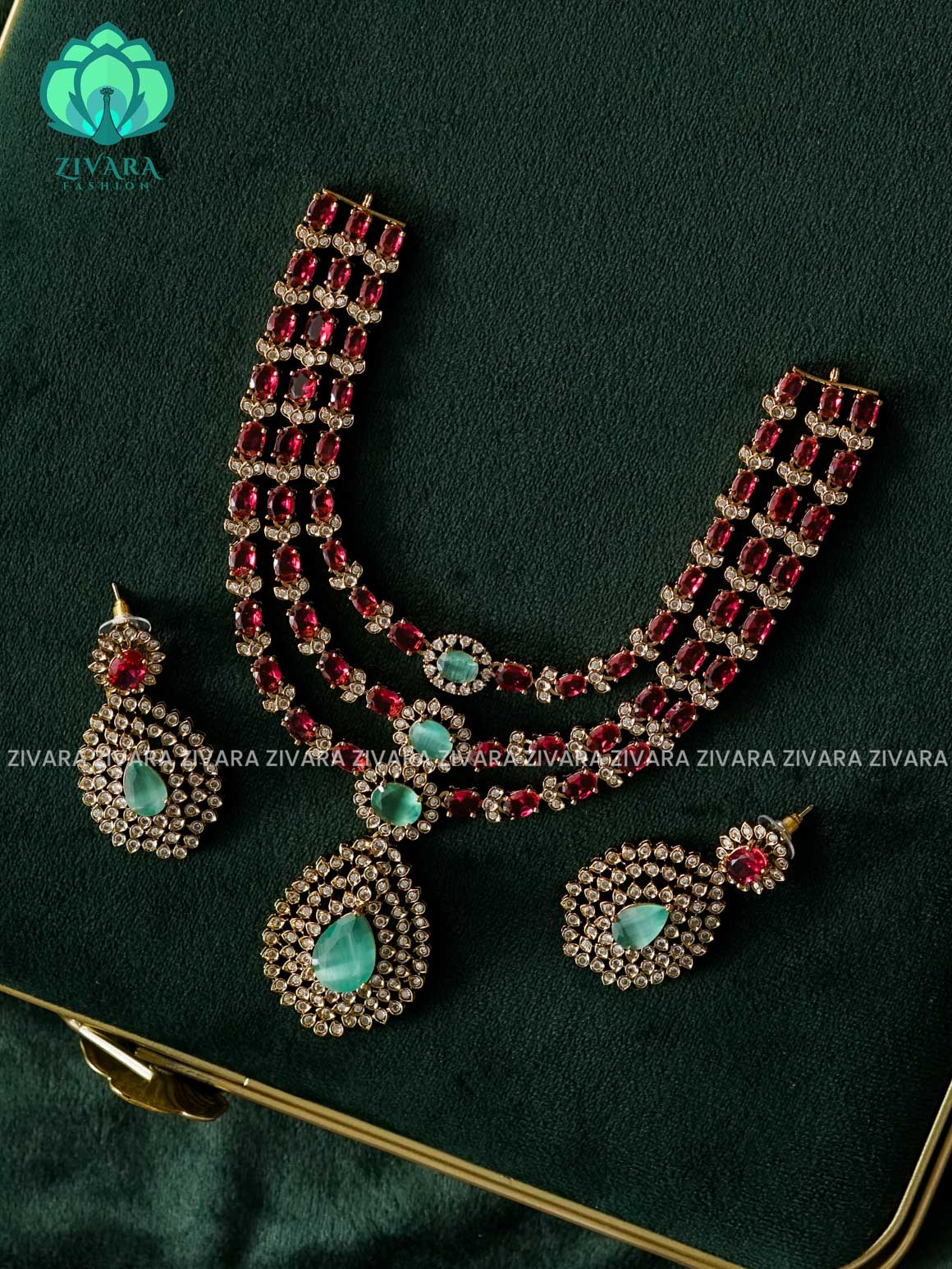 AKSHAYAM - RUBY AND PASTEL GREEN 3 LAYER BRIDAL NECKWEAR  - PREMIUM MATTE FINISH - stylish and minimal elegant neckwear- Zivara Fashion
