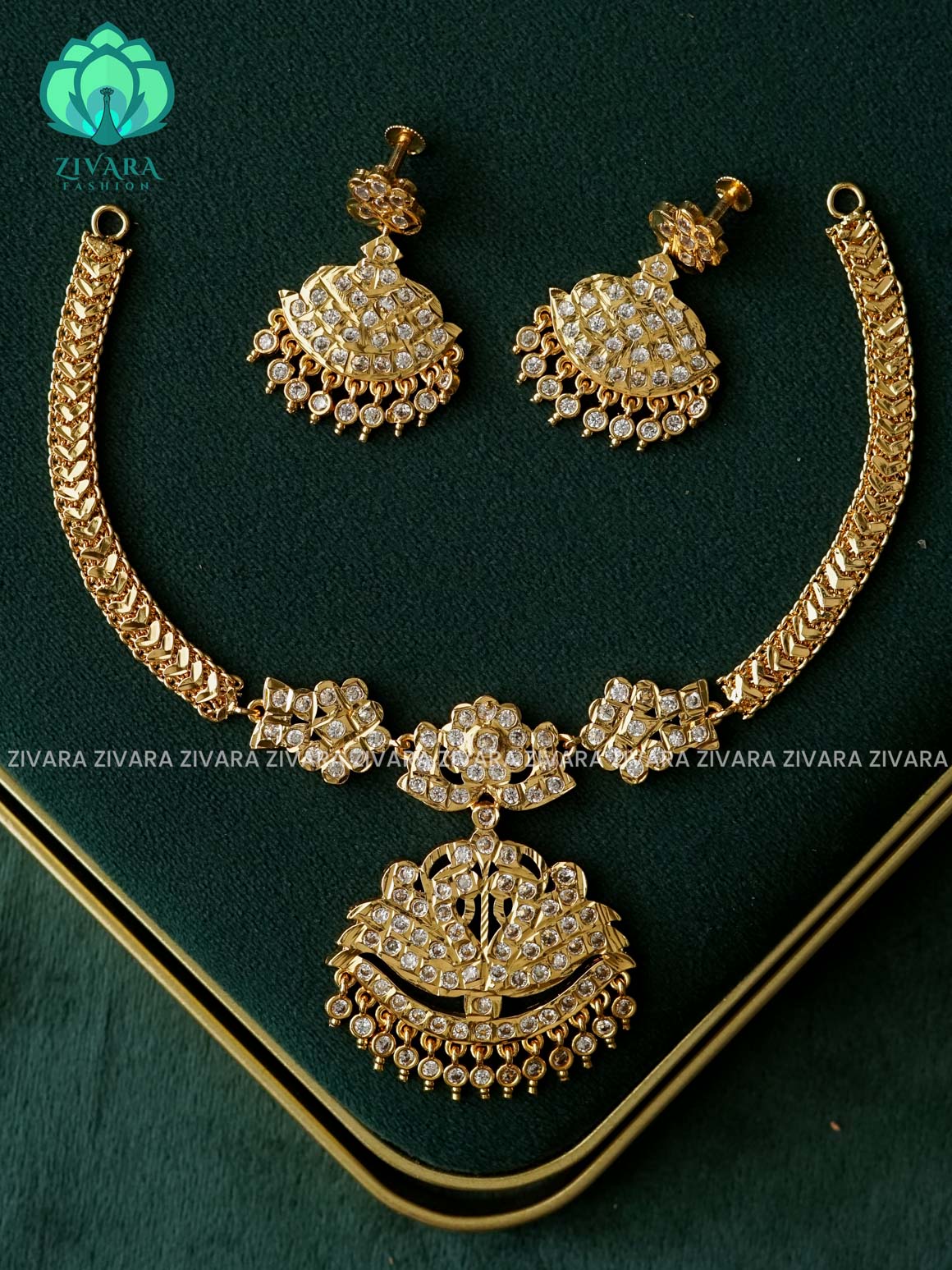 AMBIGAI-WHITE STONE MICROGOLD POLISH ATTIGAI WITH EARRING - Zivara Fashion- latest jewellery desigN