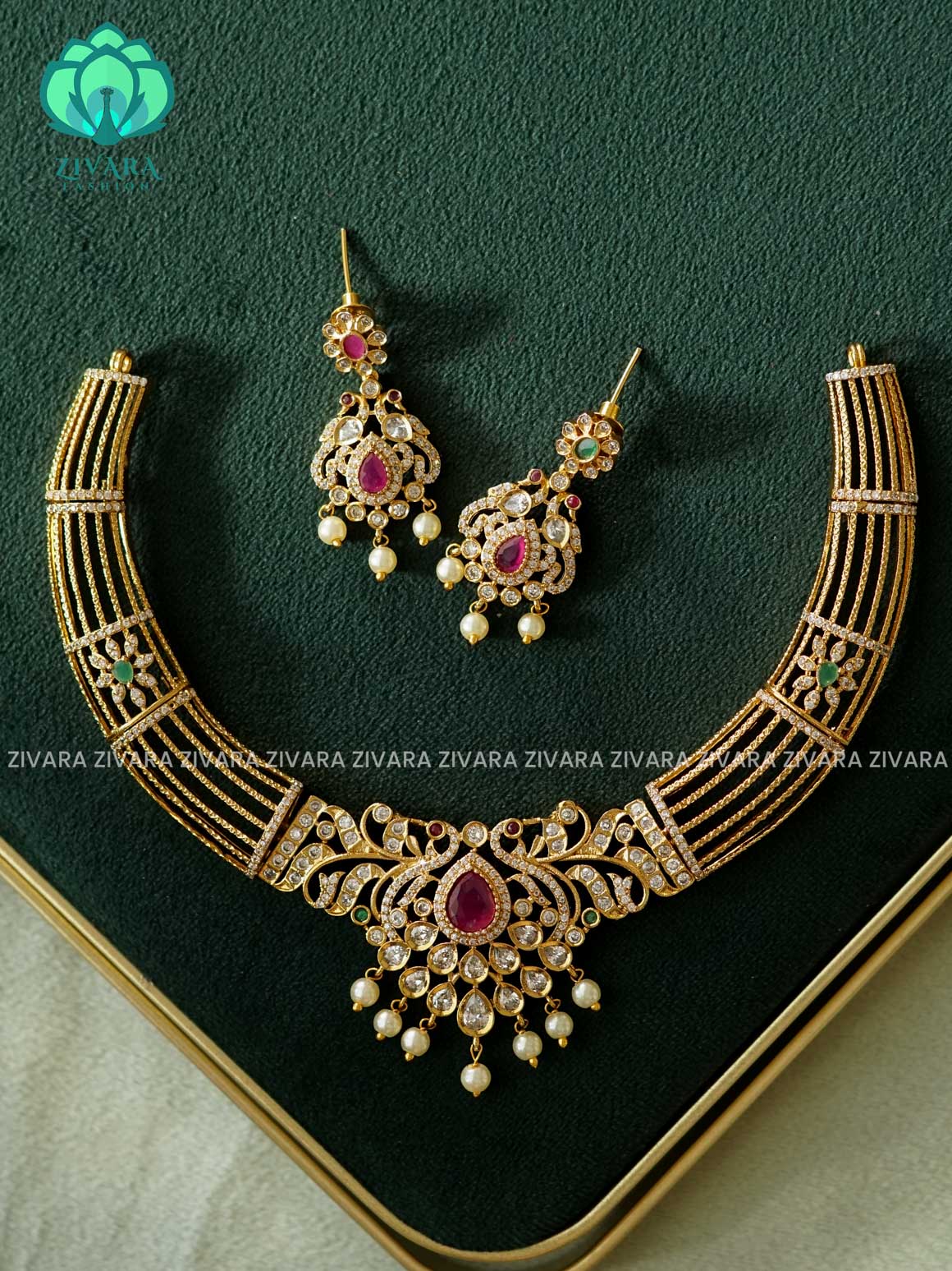 RUBY GREEN PEACOCK HASLI  - stylish and minimal elegant neckwear with earrings- Zivara Fashion