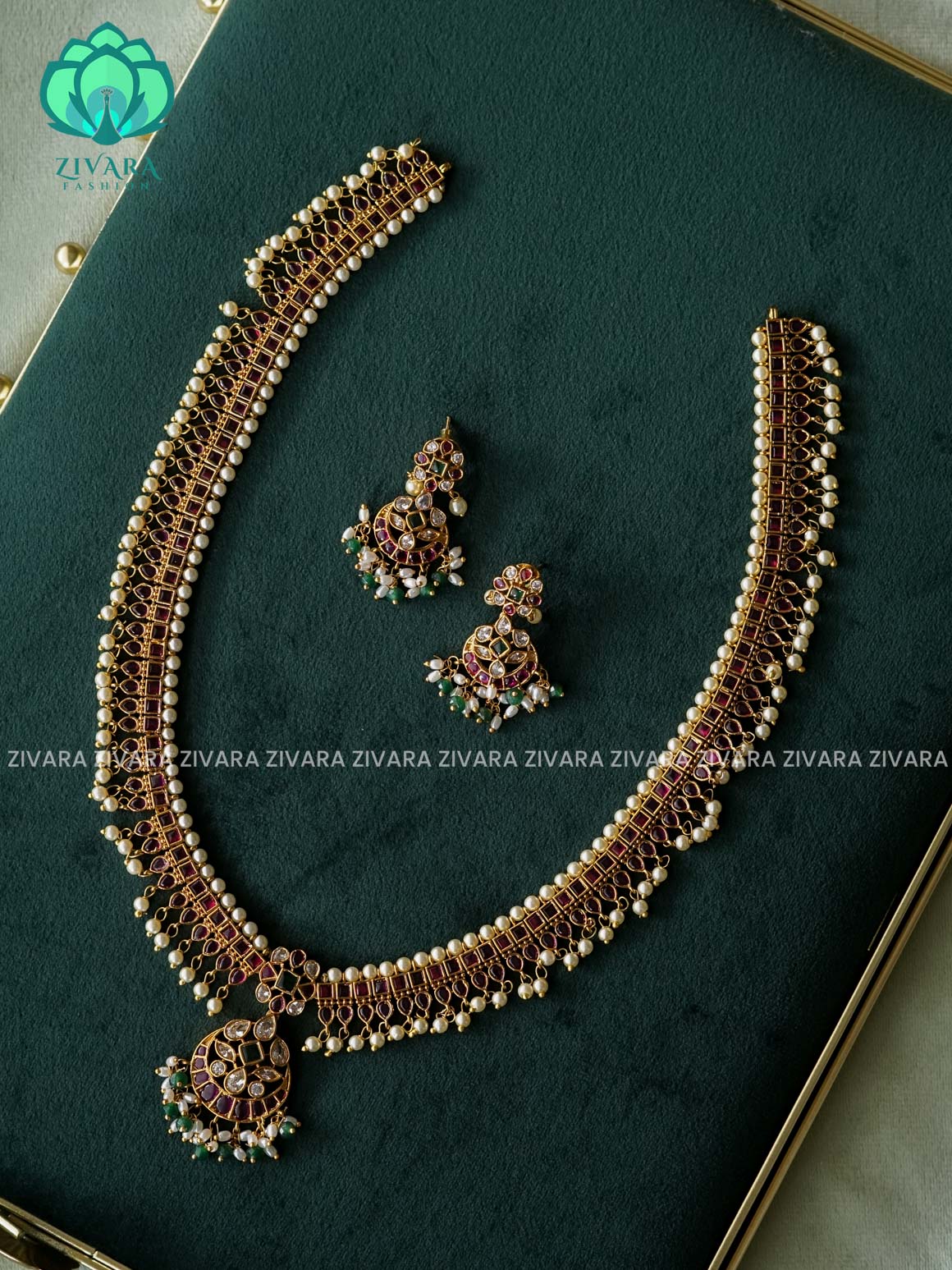 REAL KEMP MOTIF FREE WITH PEARL HANGINGS BRIDAL  - Traditional PREMIUM MATTE polish MIDCHEST haaram/neckwear with earrings- Zivara Fashion