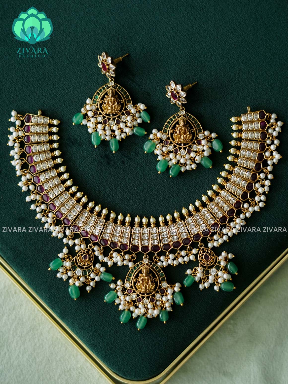 Akshayam- real kemp bridal temple neckwear -Traditional south indian premium neckwear with earrings- Zivara Fashion- latest jewellery design