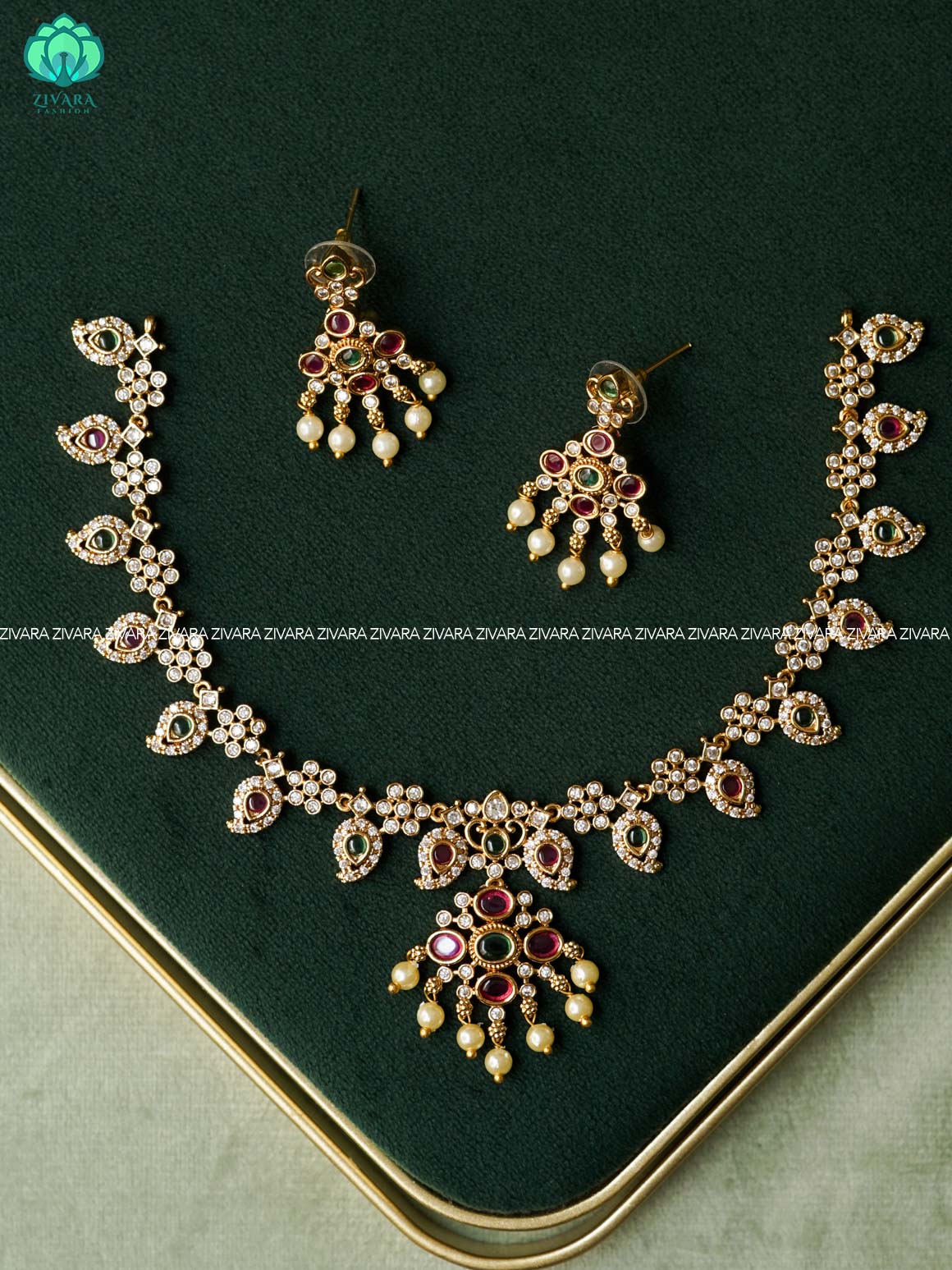 RUBY GREEN  MANGA FLOWER NECKWEAR - Traditional south indian premium neckwear with earrings- Zivara Fashion- latest jewellery design
