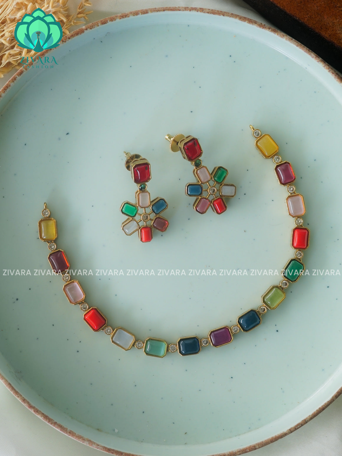 NAVARATNA - FLEXIBLE CHAIN WITH HANGINGS -Traditional south indian premium neckwear with earrings- Zivara Fashion- latest jewellery design