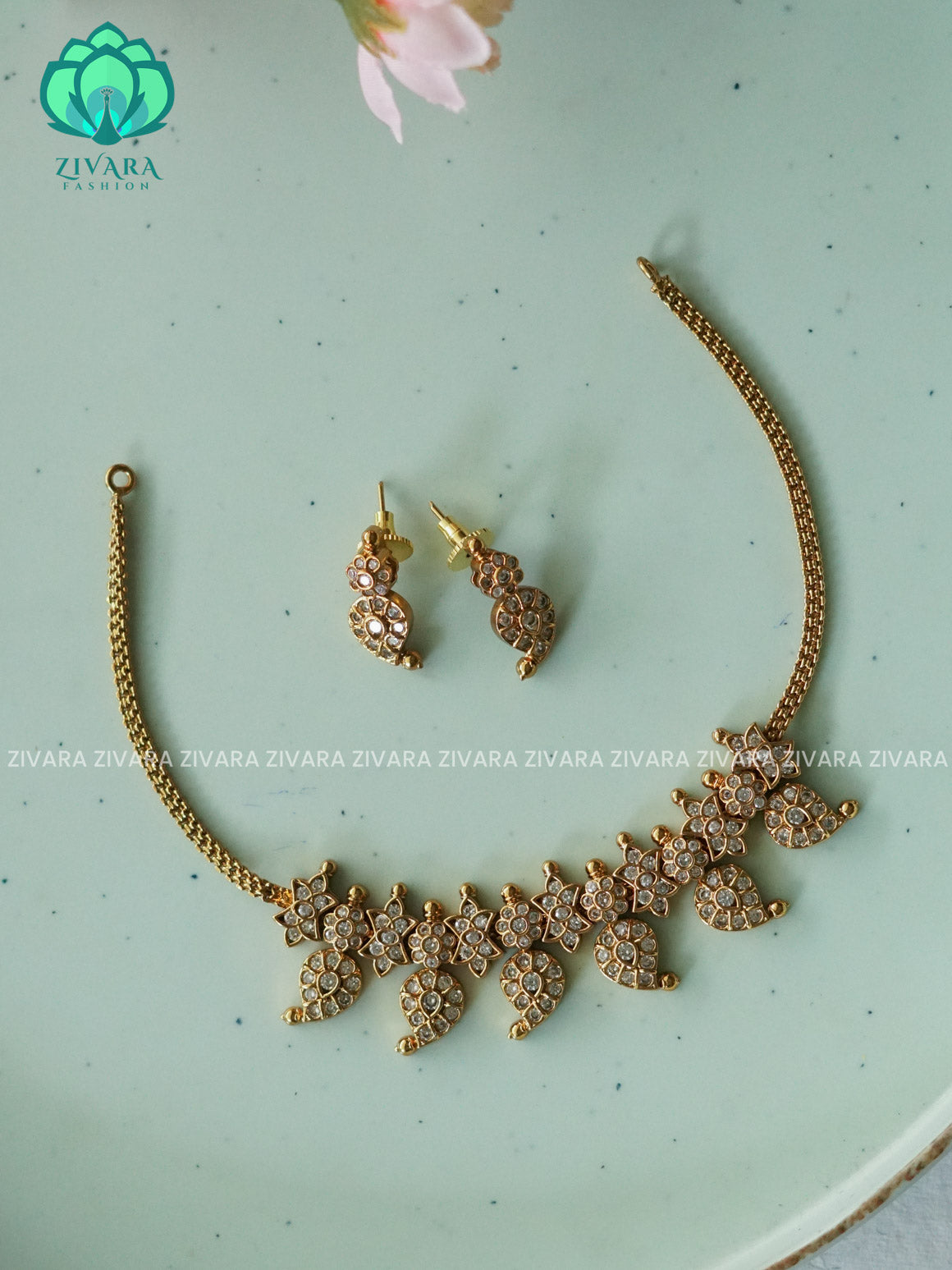 DARK VINTAGE FINISH WHITE STONE MANGO CHOKER  TRADITIONAL CHOKER COLLECTION WITH EARRINGS- LATEST JEWELLERY COLLECTION