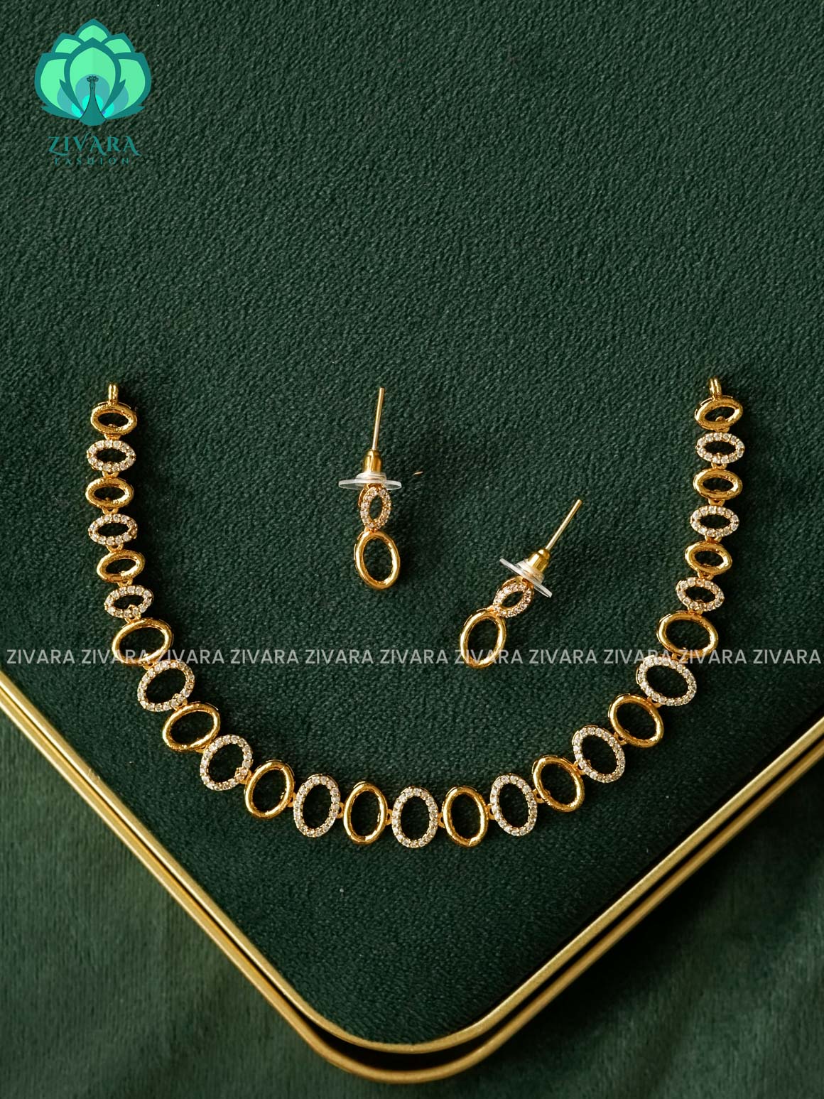 Kanya - GEOMETRIC OVAL WHITE STONE  MOTIF NECKWEAR -  stylish and minimal elegant neckwear with earrings- Zivara Fashion