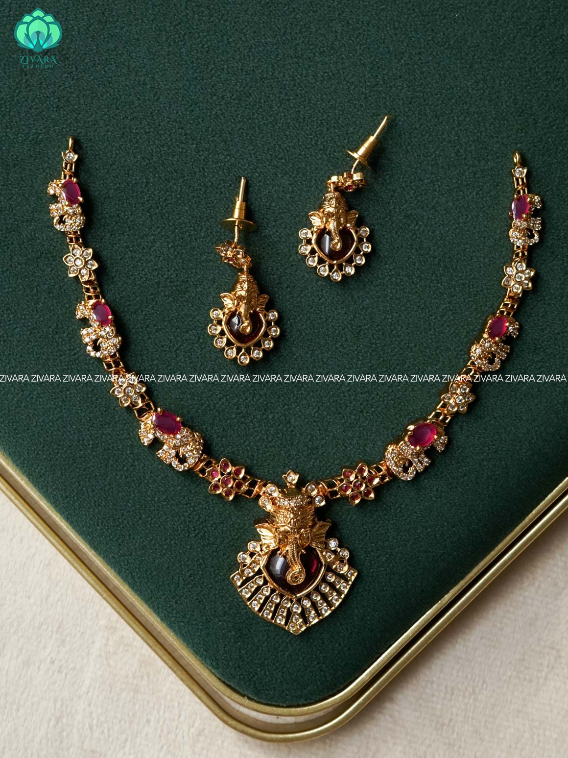 ELEPHANT RUBY FLORAL NECKWEAR -Traditional south indian premium neckwear with earrings- Zivara Fashion- latest jewellery design