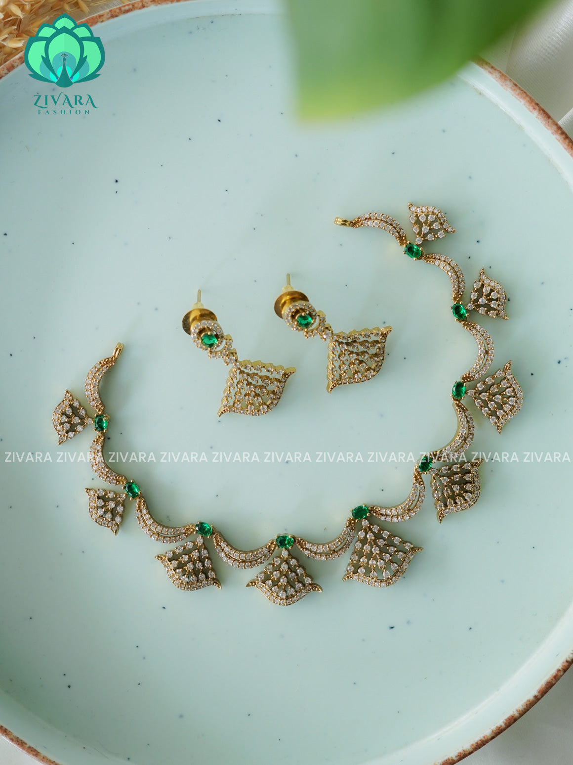 GREEN LEAFY WHITE SMALL SIZE KIDS FRIENDLY  - stylish and minimal elegant neckwear with earrings- Zivara FashioN