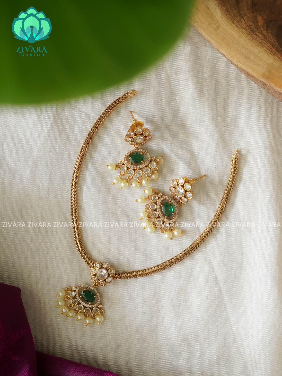 KIDS FRIENDLY GREEN PENDANT WITH FLEXIBLE CHAIN   -  Traditional south indian premium neckwear with earrings- Zivara Fashion- latest jewellery design.