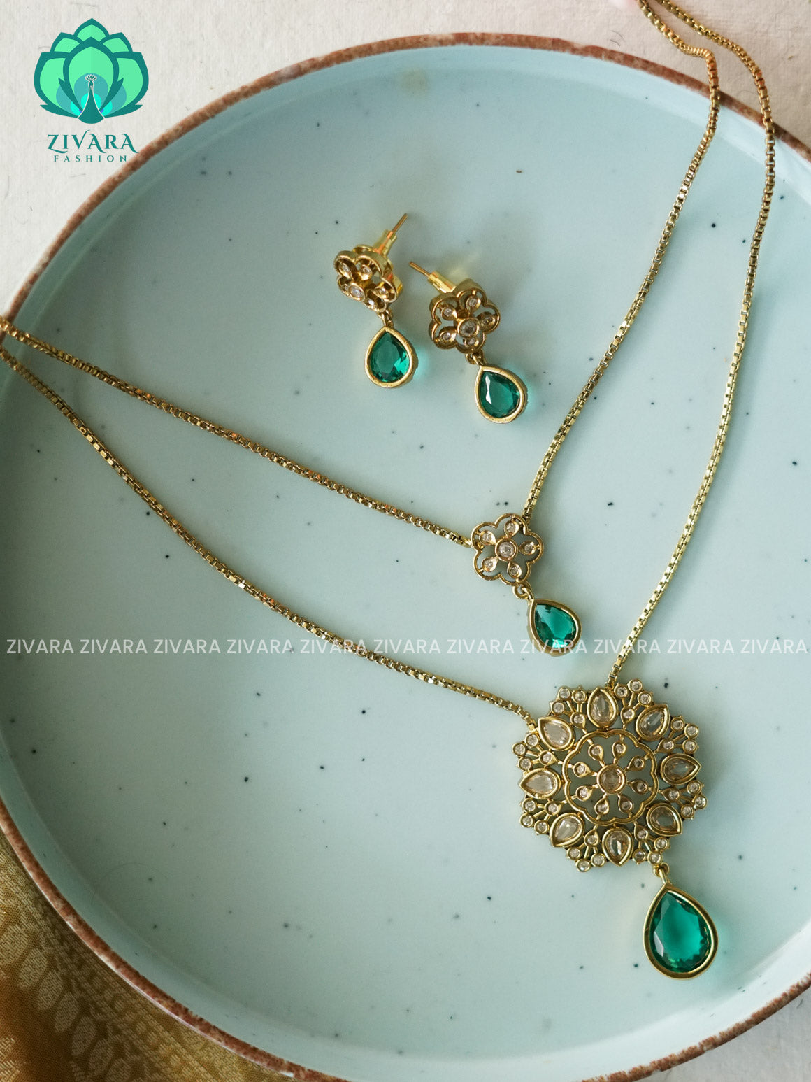 TURQUOISE GREEN  - DOUBLE LAYER flower  THIN PARROT CHAIN  -Traditional south indian premium neckwear with earrings- Zivara Fashion- latest jewellery design