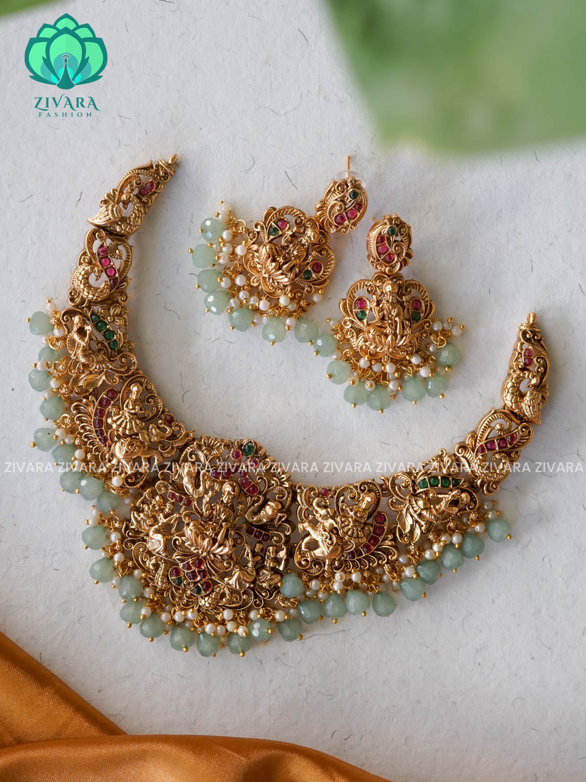 GREEN BEADS HEAVY TEMPLE NORMAL MATTE neckwear with earrings- Zivara Fashion- latest jewellery design