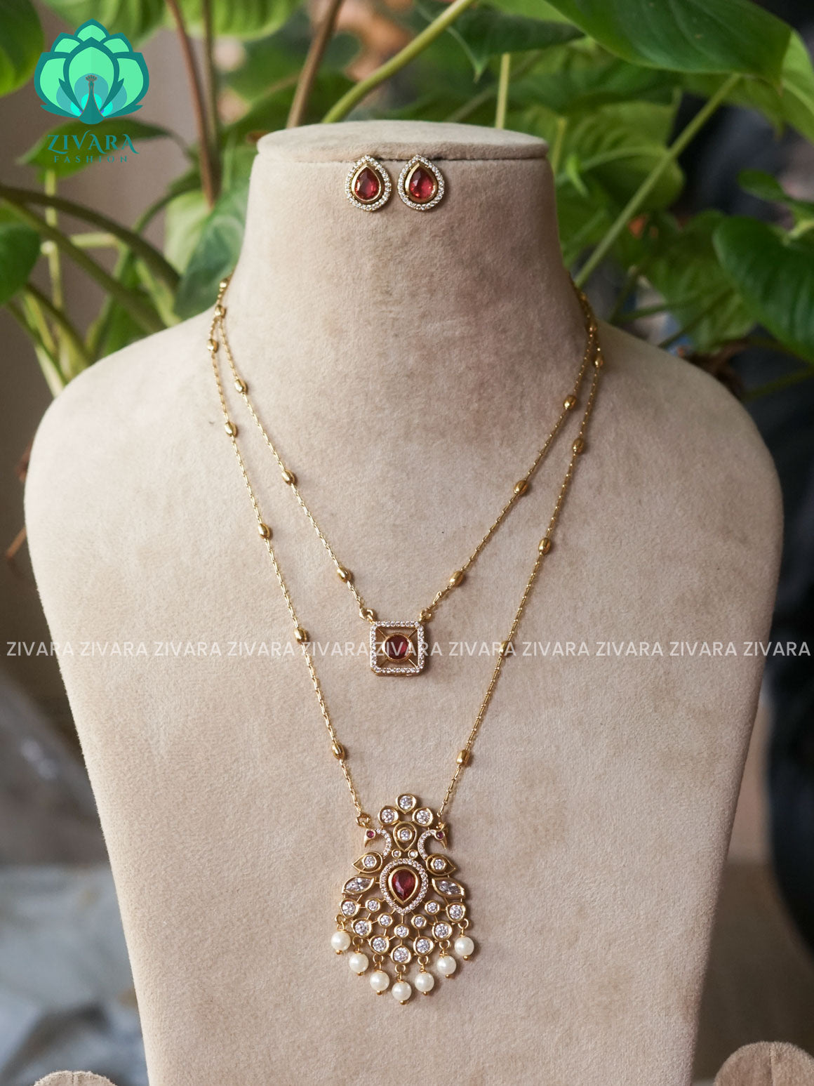 RUBY - DOUBLE LAYER PEACOCK THIN PARROT CHAIN  -Traditional south indian premium neckwear with earrings- Zivara Fashion- latest jewellery design