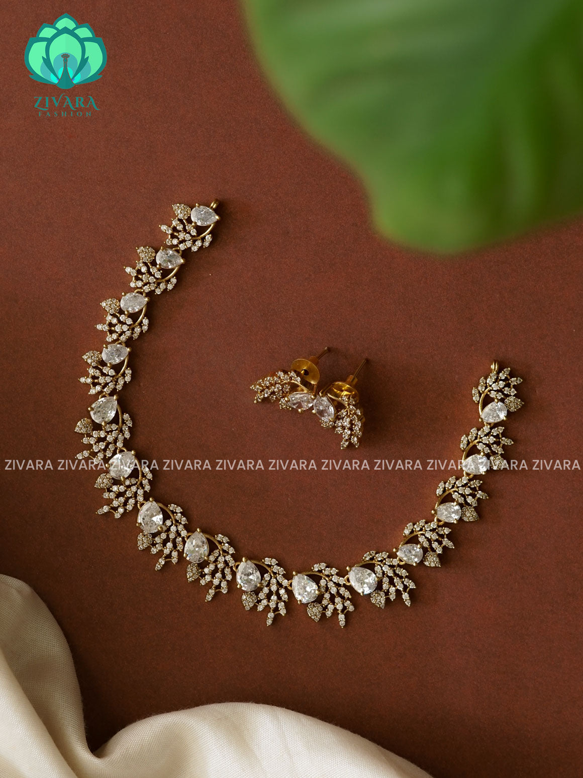 WHITE- TEAR AND LEAF CLUSTER- SUBTLE GOLD POLISH stylish and minimal elegant neckwear with earrings- Zivara Fashion