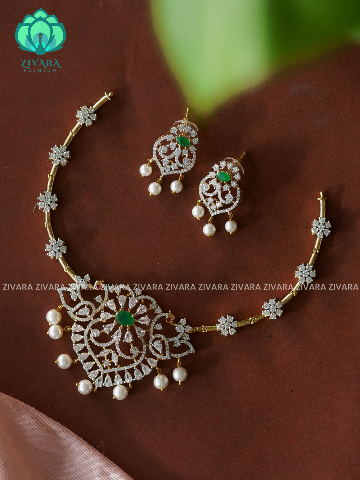 BRIDAL GREEN AD FLEXIBLE HASLI NECKLACE WITH EARRING - Zivara Fashion- latest jewellery design