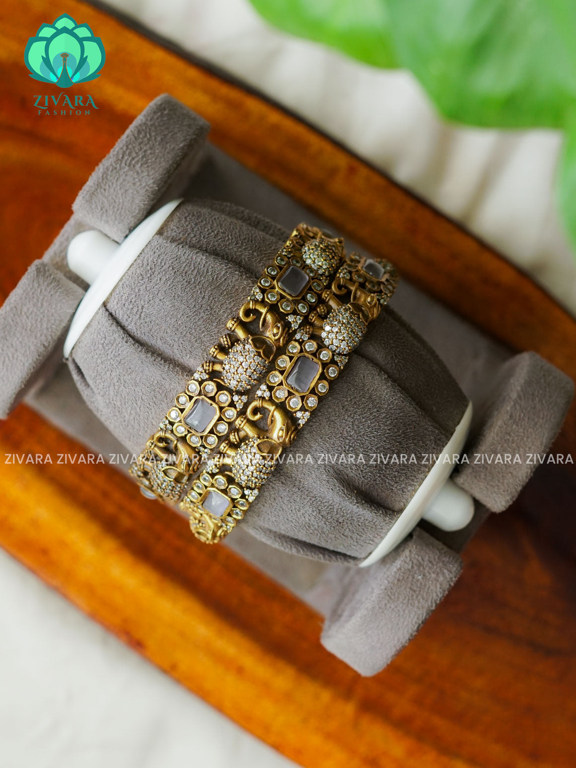 2 piece CZ matte ELEPHANT VICTORIA polish designer bangles with cz stones-latest bangles collection