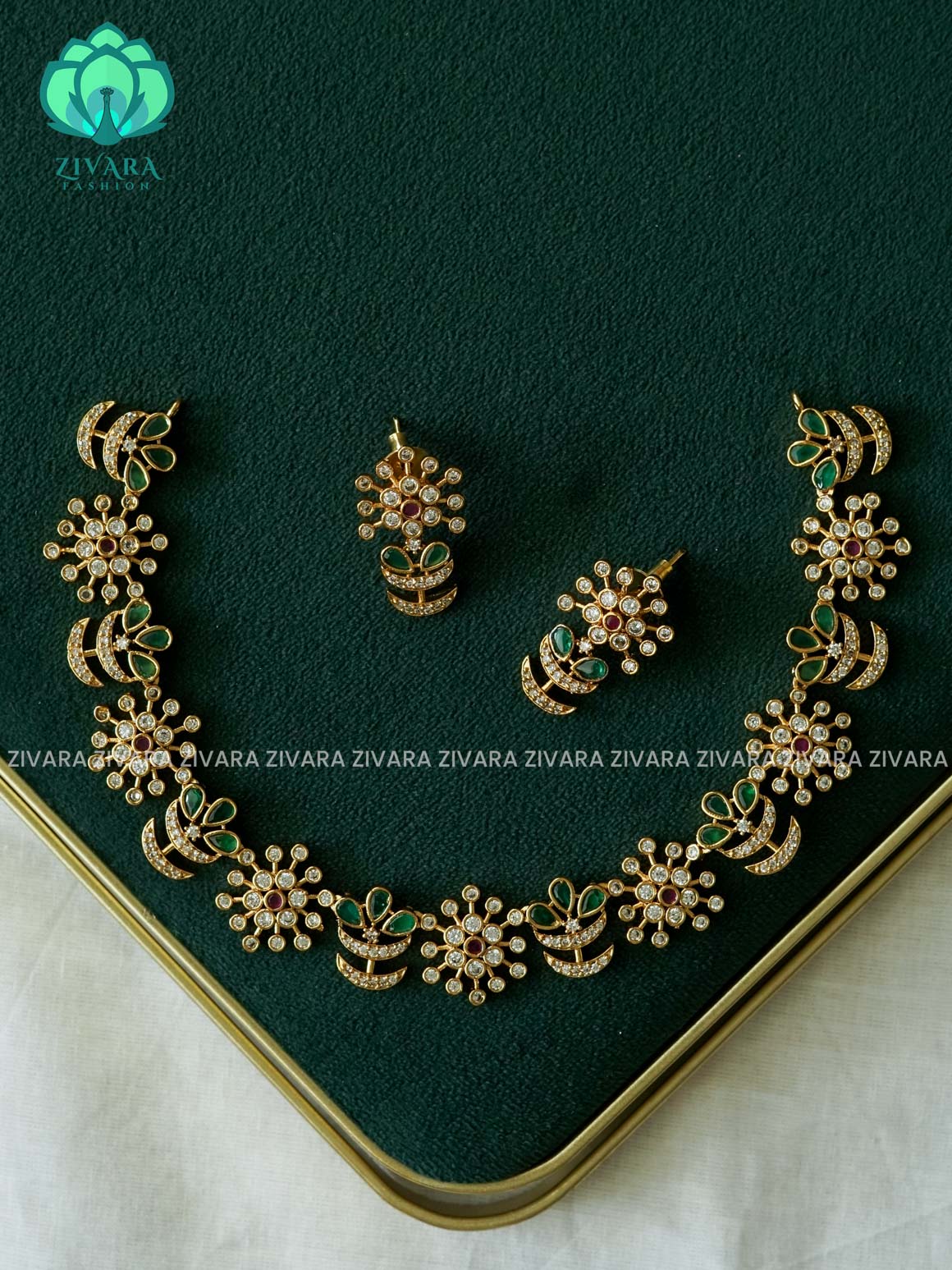 REAL KEMP RUBY GREEN FLOWER NECKWEAR - Traditional south indian premium neckwear with earrings- Zivara Fashion- latest jewellery design