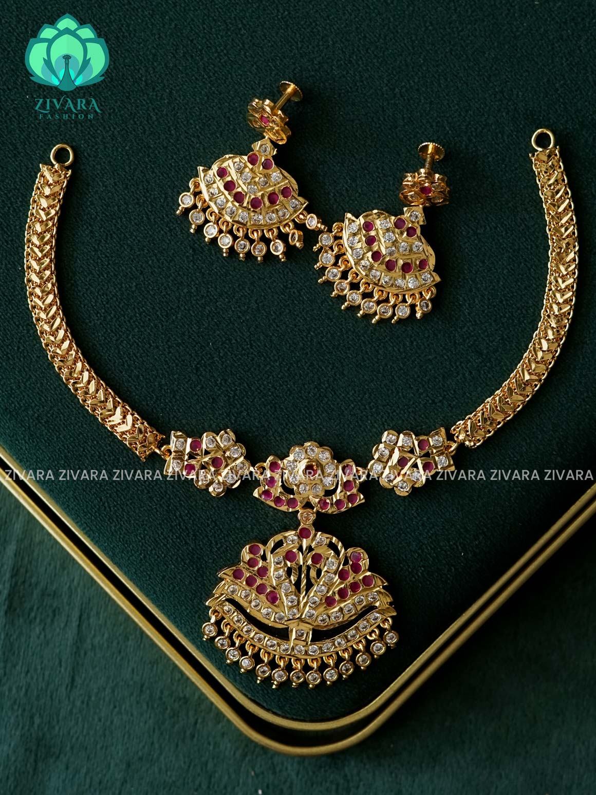 AMBIGAI-WHITE STONE MICROGOLD POLISH ATTIGAI WITH EARRING - Zivara Fashion- latest jewellery desigN