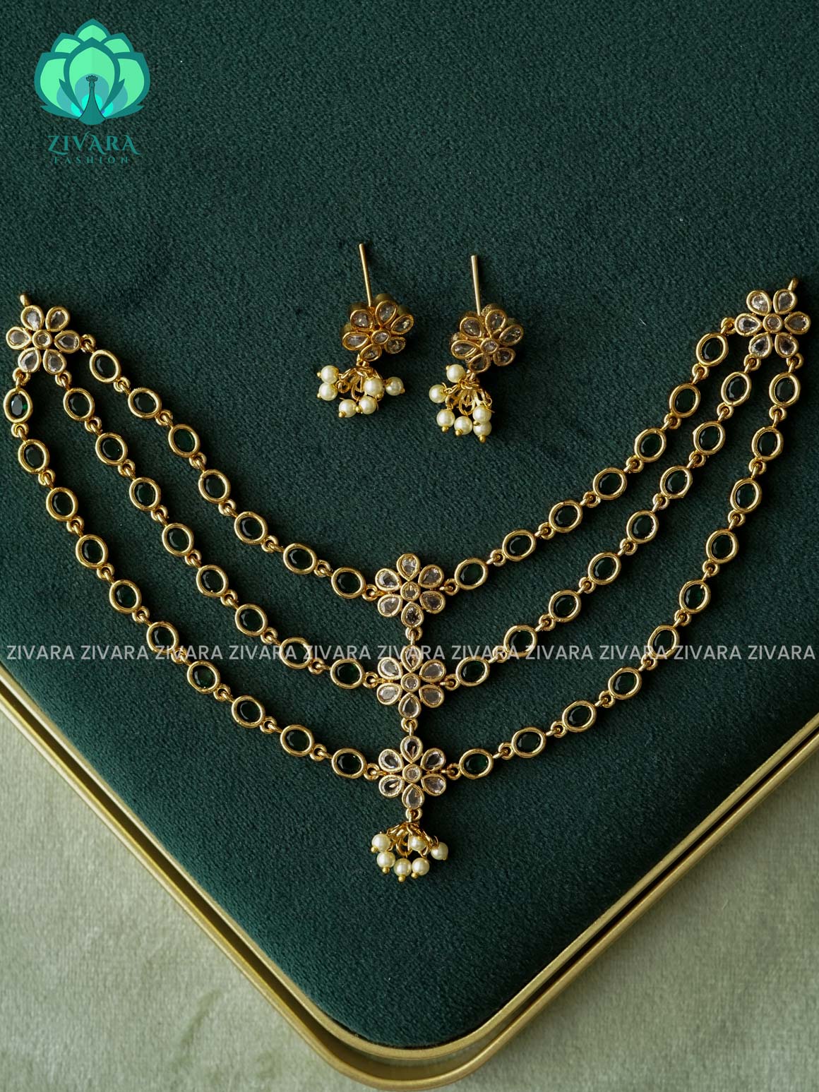 GREEN FLOWER  - OVAL STEP/ 2 LAYER - stylish and minimal elegant neckwear with earrings- Zivara Fashion