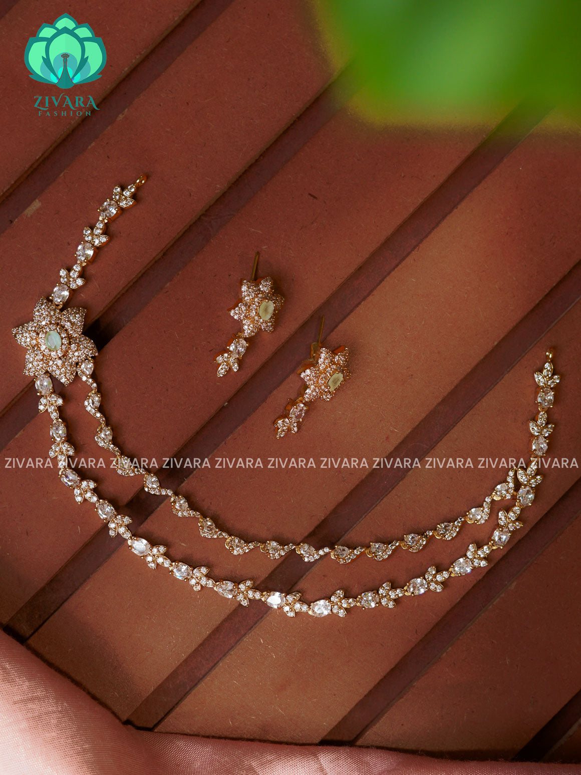 PASTEL GREEN STEP - WHITE STONE FLORAL - stylish and minimal elegant neckwear with earrings- Zivara Fashion