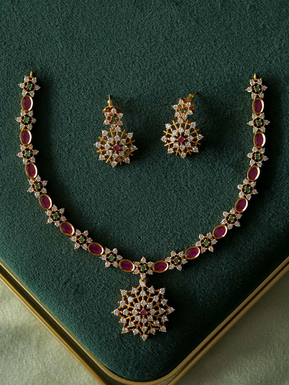 Kanya - RUBY GREEN WHITE STONE FLOWER  - SUBTLE POLISH stylish and minimal elegant neckwear with earrings- Zivara Fashion