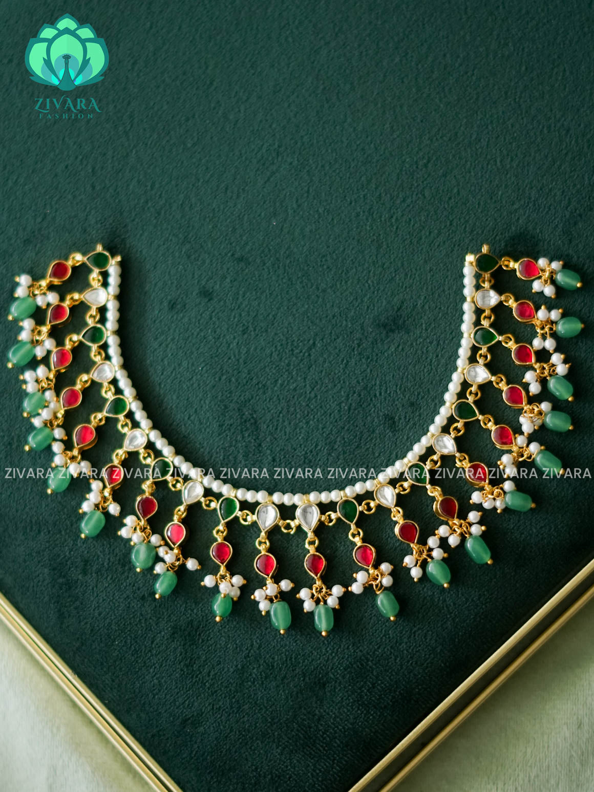AKSHAYAM - WHITE PINK GREEN JADAU HANDMADE NECKWEAR WITH GREEN BEADS HANGINGS - Zivara Fashion - latest jewellery design
