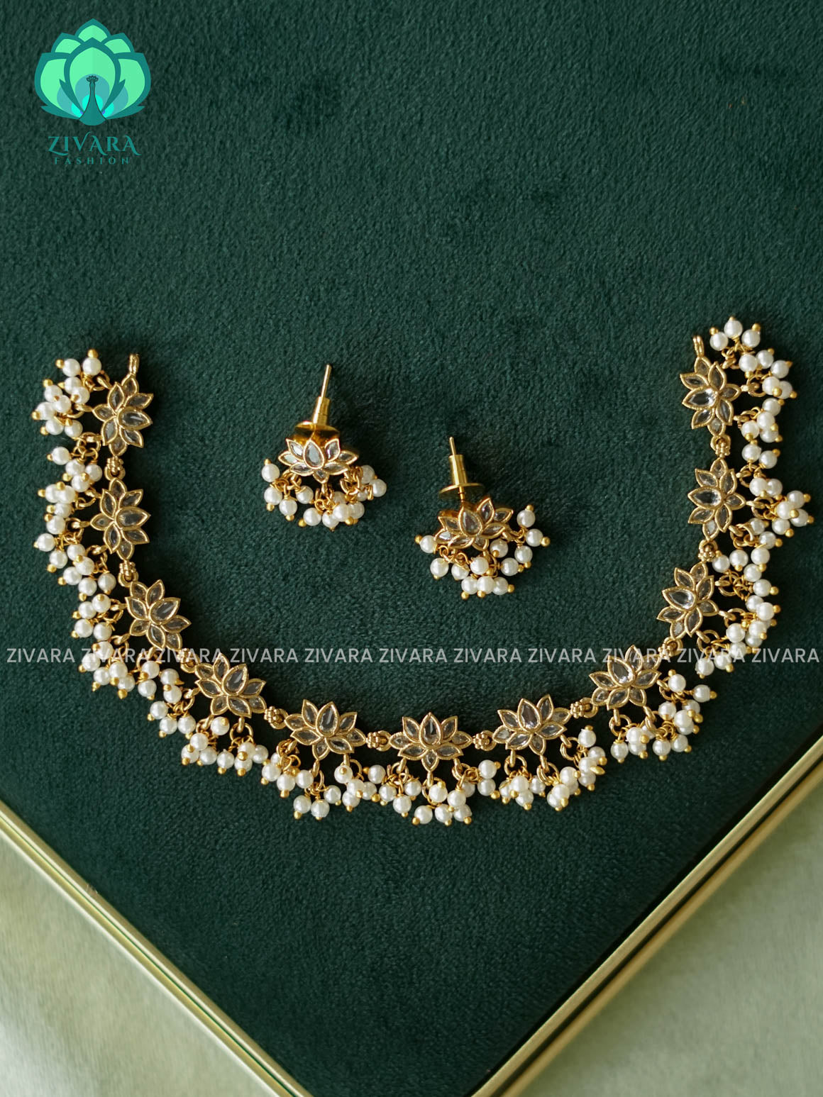 WHITE STONE LOTUS - Traditional south indian premium neckwear with earrings- Zivara Fashion- latest jewellery design