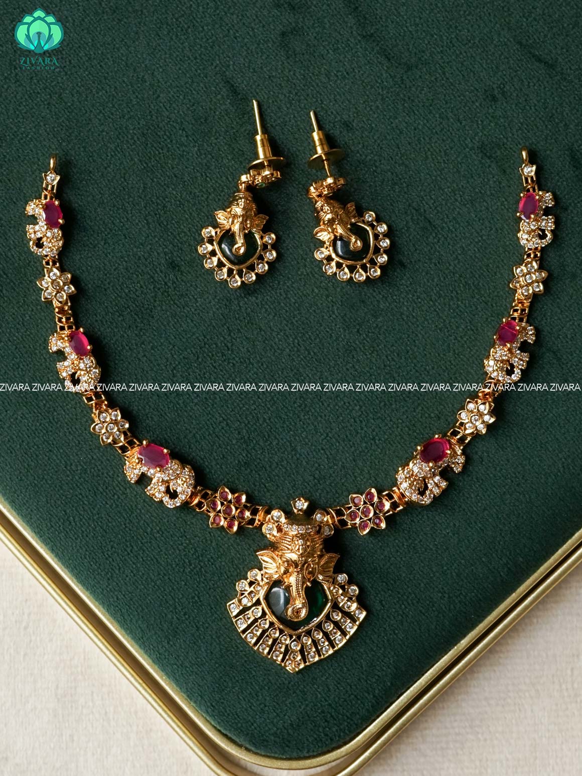 ELEPHANT RUBY GREEN FLORAL NECKWEAR -Traditional south indian premium neckwear with earrings- Zivara Fashion- latest jewellery design