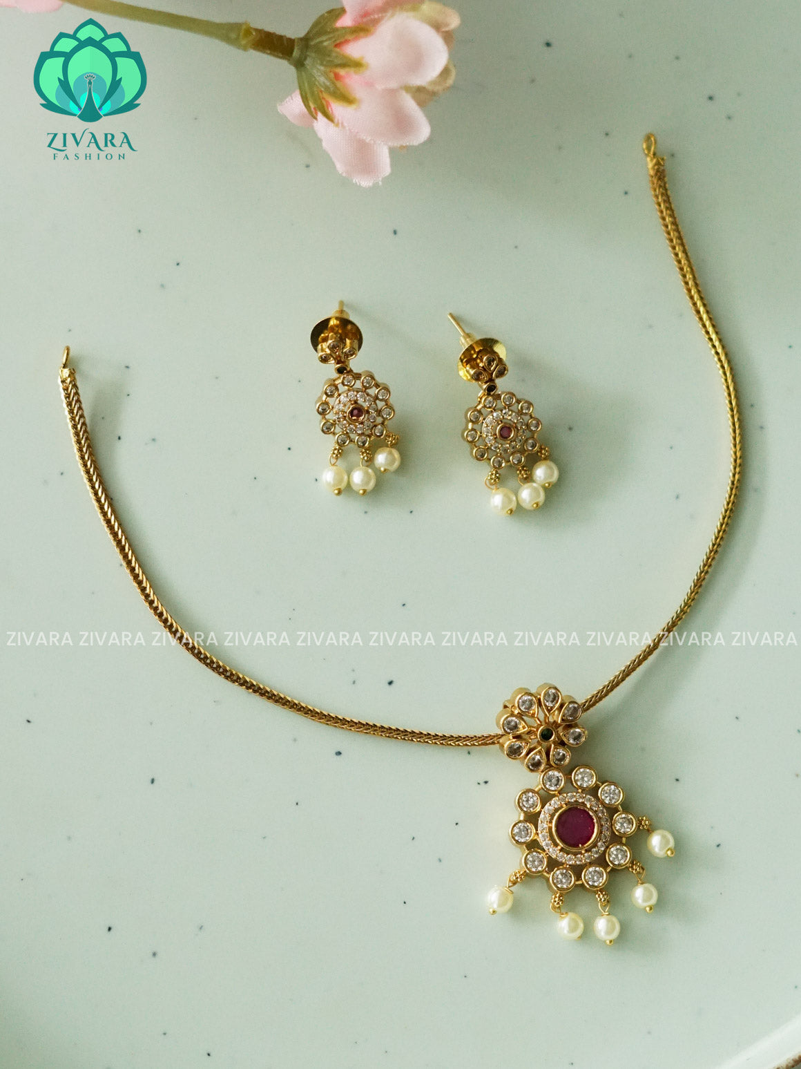 BHANU - FLOWER DOLLAR Flexible chain- Traditional south indian NORMAL MATTE neckwear with earrings - Zivara Fashion