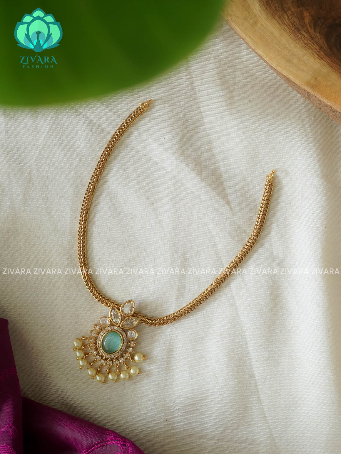 PASTEL GREEN- KIDS FRIENDLY OVAL PENDANT WITH FLEXIBLE CHAIN   -  Traditional south indian premium neckwear - Zivara Fashion- latest jewellery design.