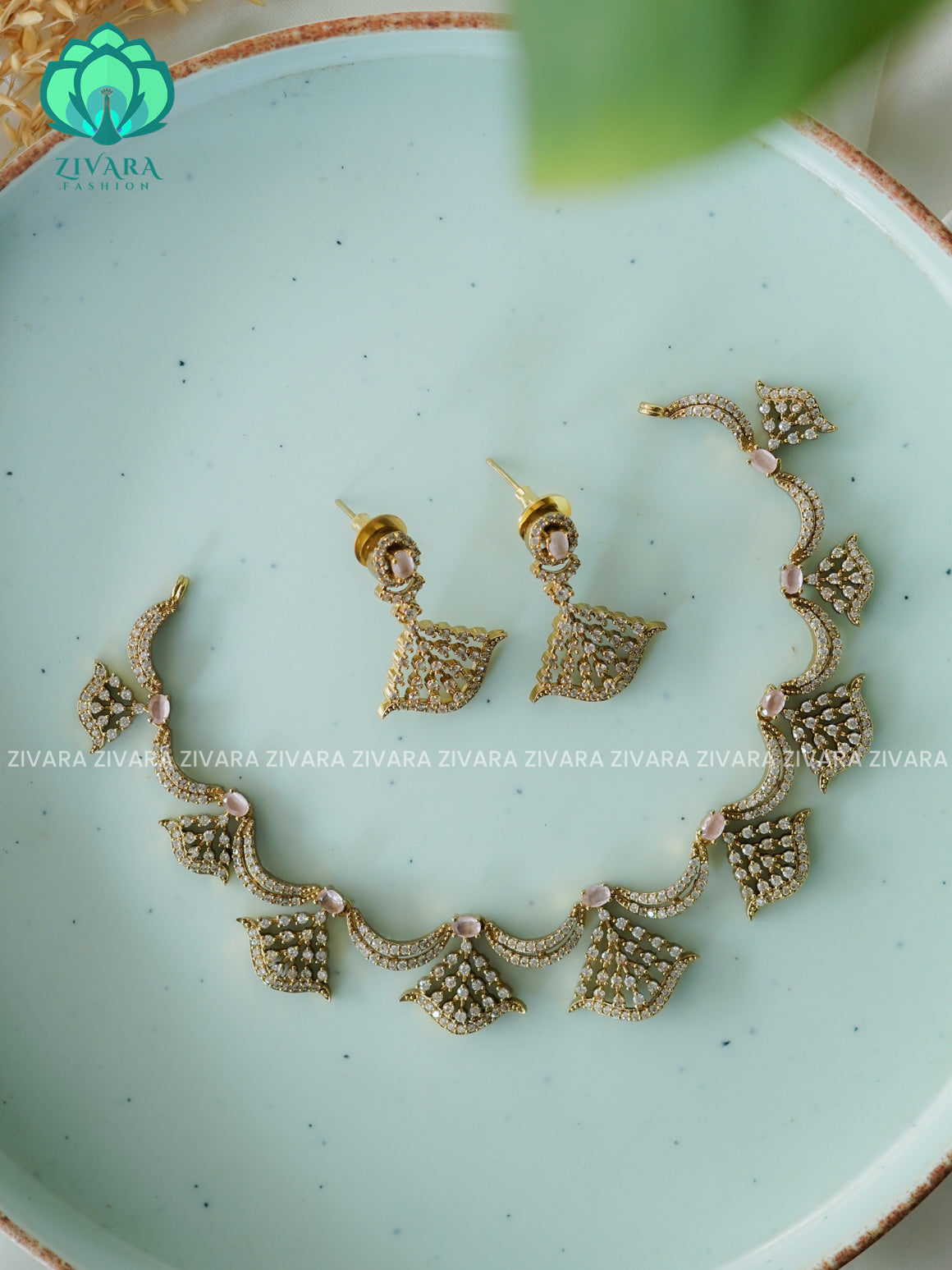 PASTEL PINK  LEAFY WHITE SMALL SIZE KIDS FRIENDLY  - stylish and minimal elegant neckwear with earrings- Zivara FashioN