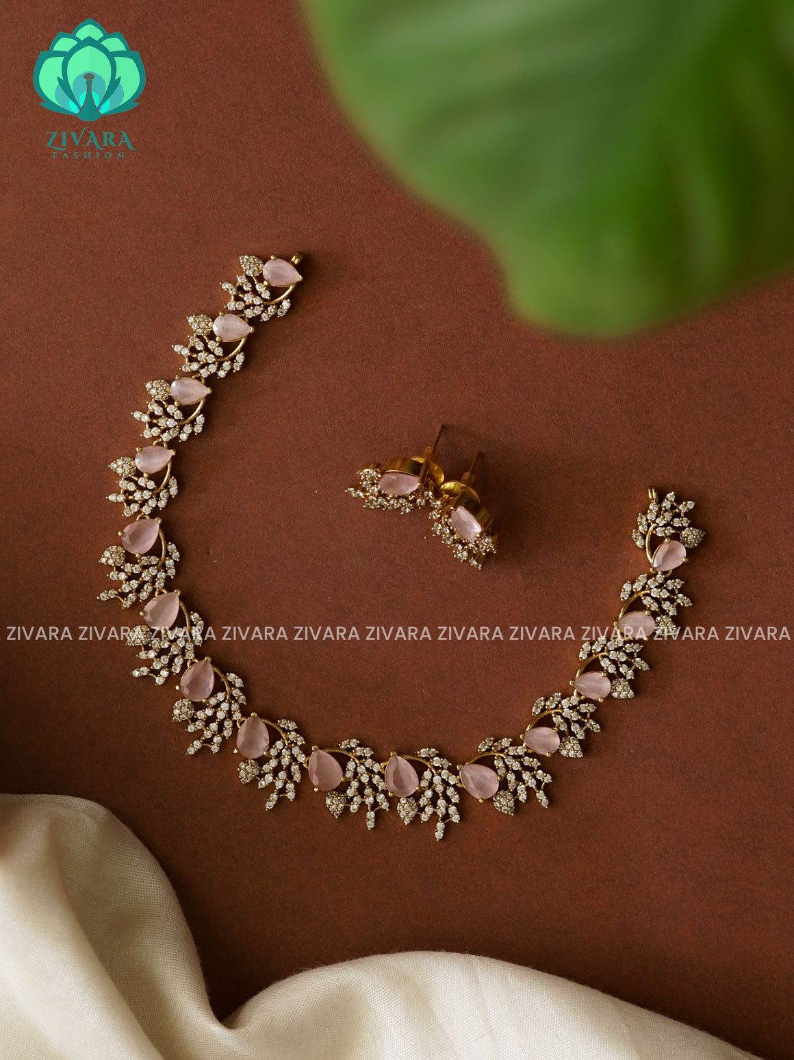 PINK - TEAR AND LEAF CLUSTER- SUBTLE GOLD POLISH stylish and minimal elegant neckwear with earrings- Zivara Fashion