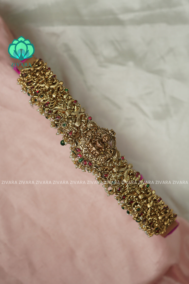 GREEN BALLS WITH PEARLS - DHRUVA- MATTE TEMPLE STYLE (31 TO 38 INCHES  ) Latest South indian budget friendly hipbelt collection- Zivara Fashion