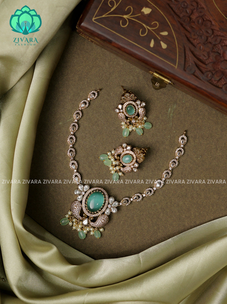 PASTEL GREEN  - Peacock - Ultra premium victoria finish dark polish trending neckwear collection- bridal collection- Zivara Fashion