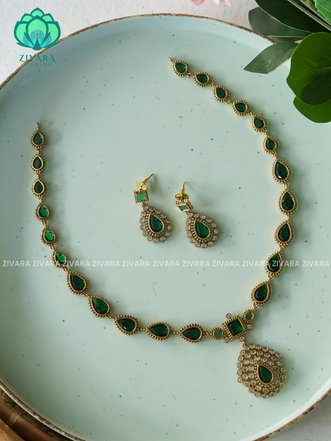 GREEN JYOTHIKA INSPIRED (9.5 INCHES) - Traditional PREMIUM MATTE polish haaram/neckwear with earrings- Zivara Fashion