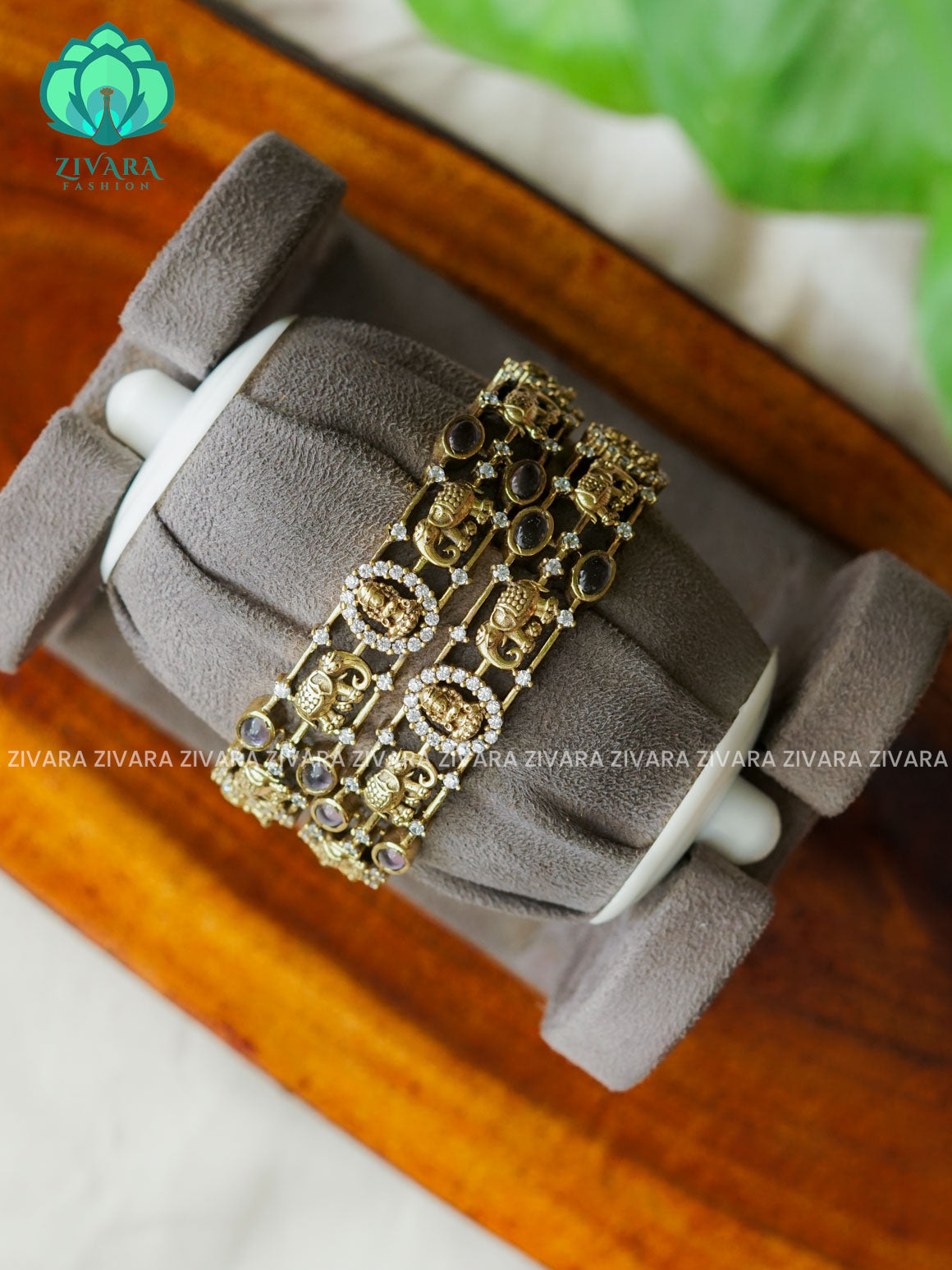 2 piece CZ matte ELEPHANT VICTORIA polish designer bangles with cz stones-latest bangles collection