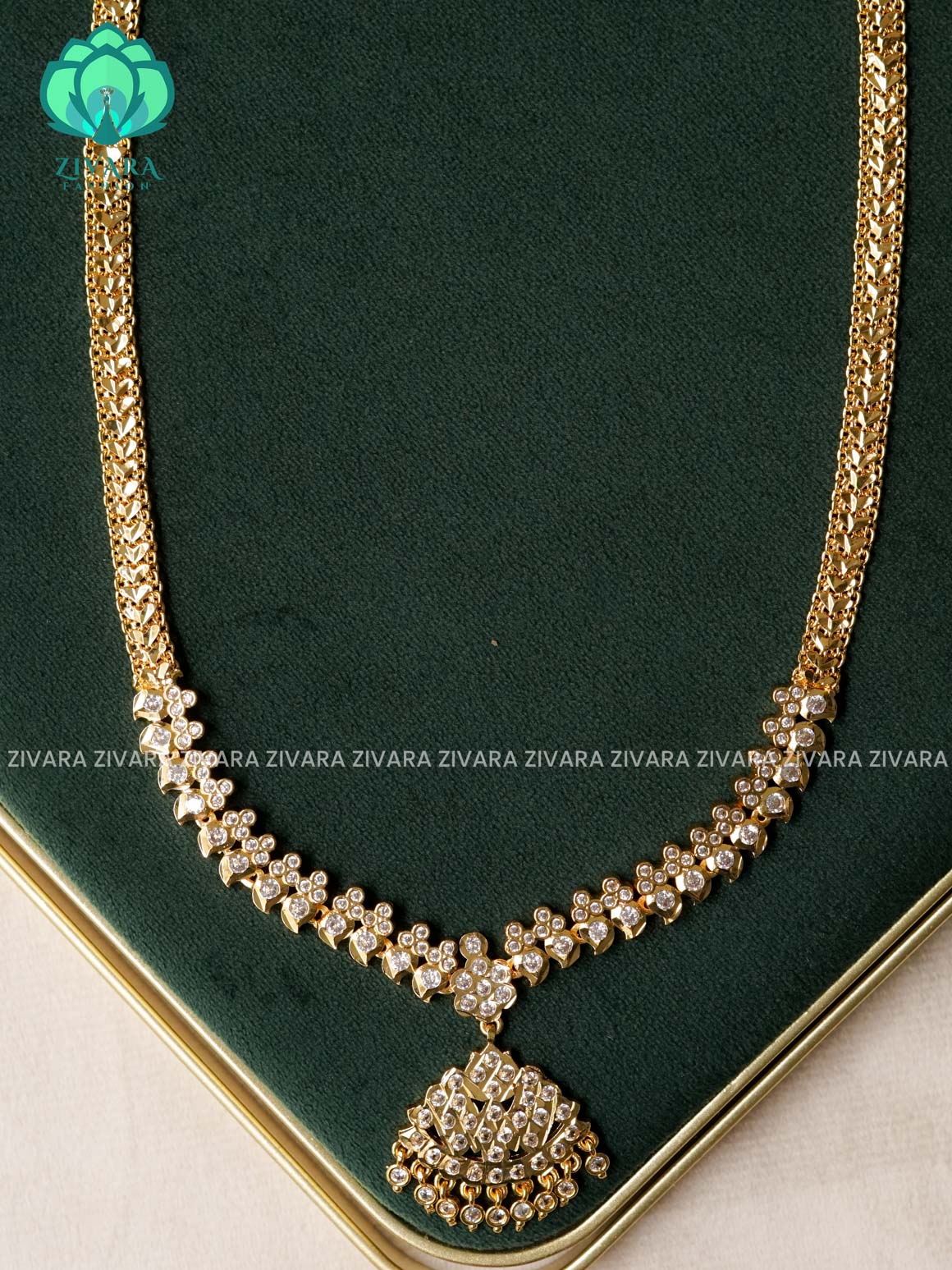 AMBIGAI -  WHITE STONE MANGA MICROGOLD POLISH LONG HAARAM   -Traditional south indian premium HAARAM- Zivara Fashion- latest jewellery design