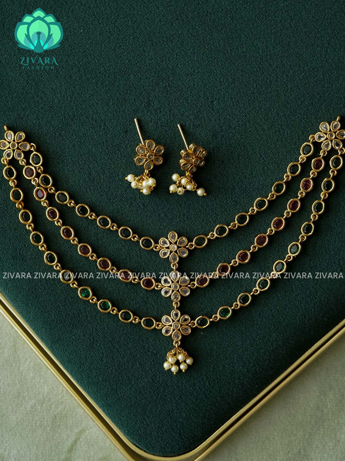RUBY GREEN FLOWER  - OVAL STEP/ 2 LAYER - stylish and minimal elegant neckwear with earrings- Zivara Fashion