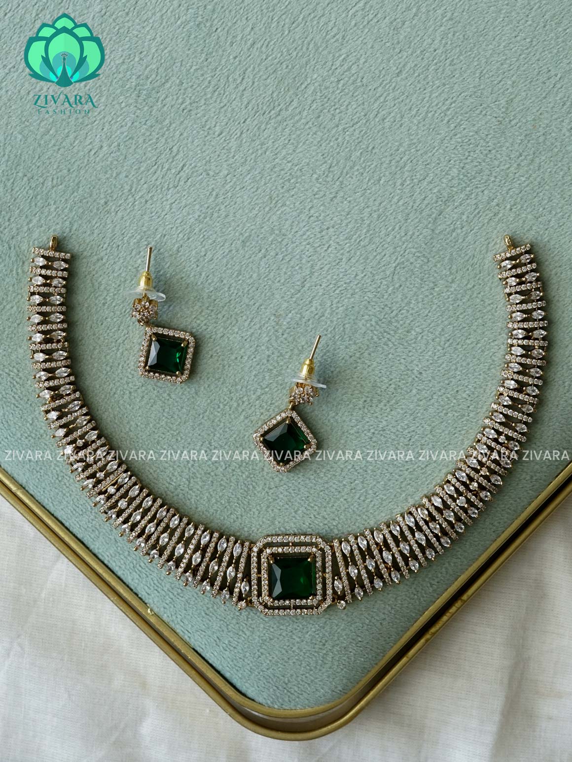 GREEN - Square pendant Bridal hasli - stylish and minimal elegant neckwear with earrings- Zivara Fashion