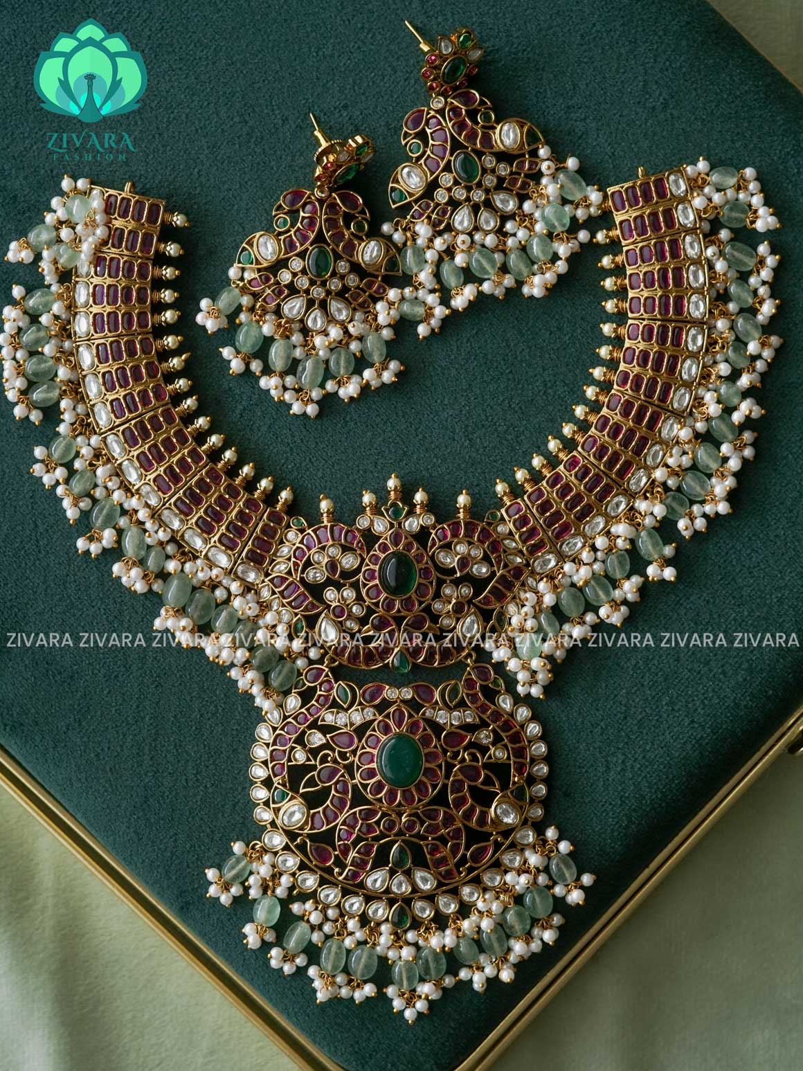 AKSHAYAM -BRIDAL HEAVY REAL KEMP MIDNECK- premium neckwear with earrings- Zivara Fashion- latest jewellery design