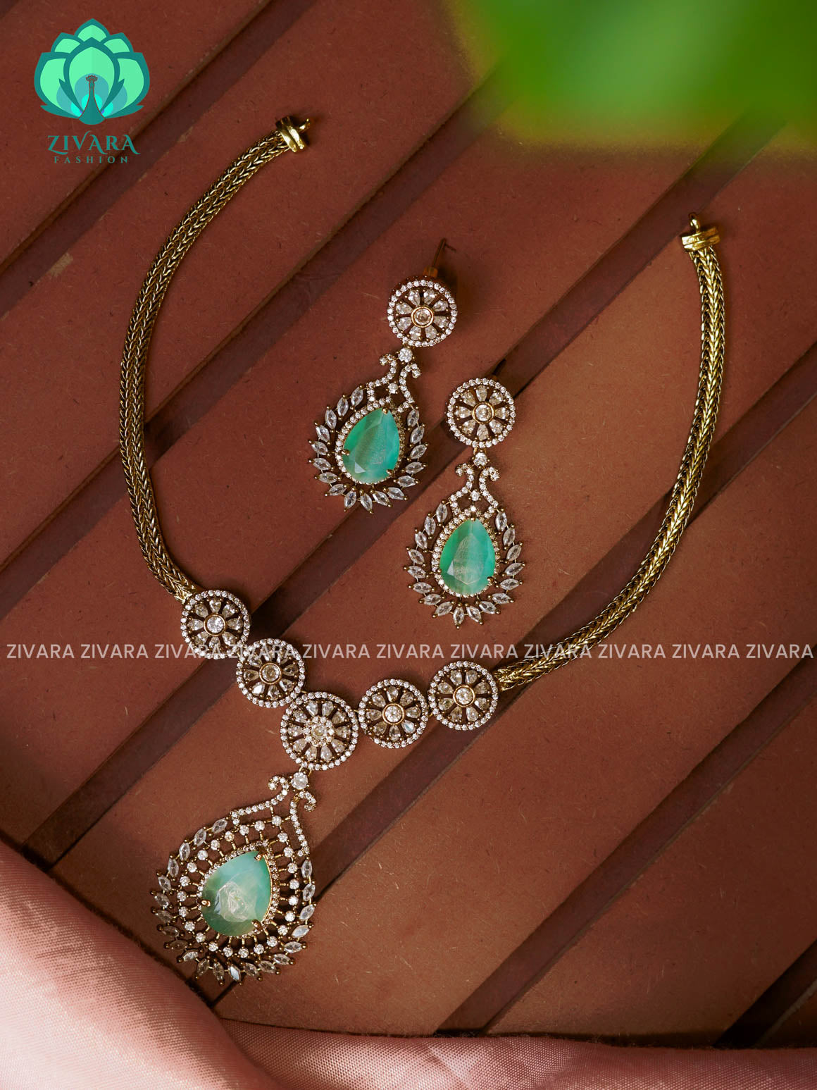 PASTEL GREEN - Flexible chain pendant -Traditional south indian premium neckwear with earrings- Zivara Fashion- latest jewellery design