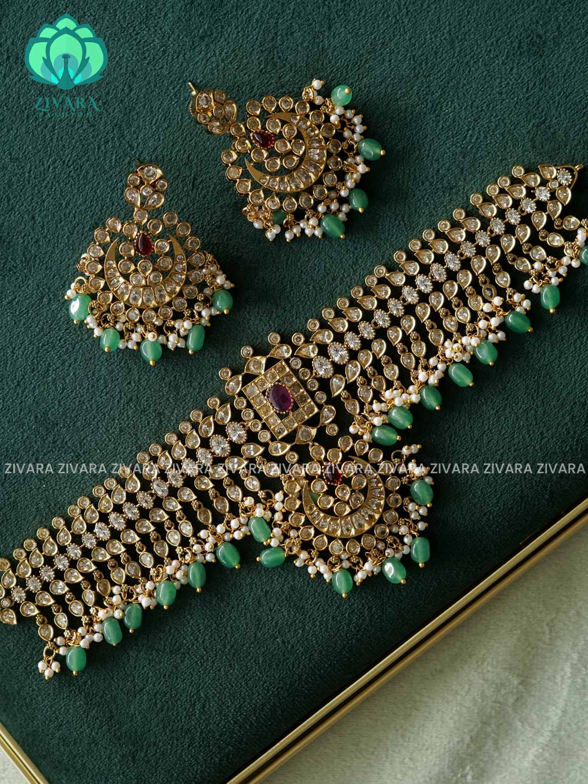 AKSHAYAM - WHITE STONE HEAVY BRIDAL CHOKER WITH GREEN BEADS HANGINGS -TRADITIONAL CHOKER COLLECTION WITH EARRINGS- LATEST JEWELLERY COLLECTION
