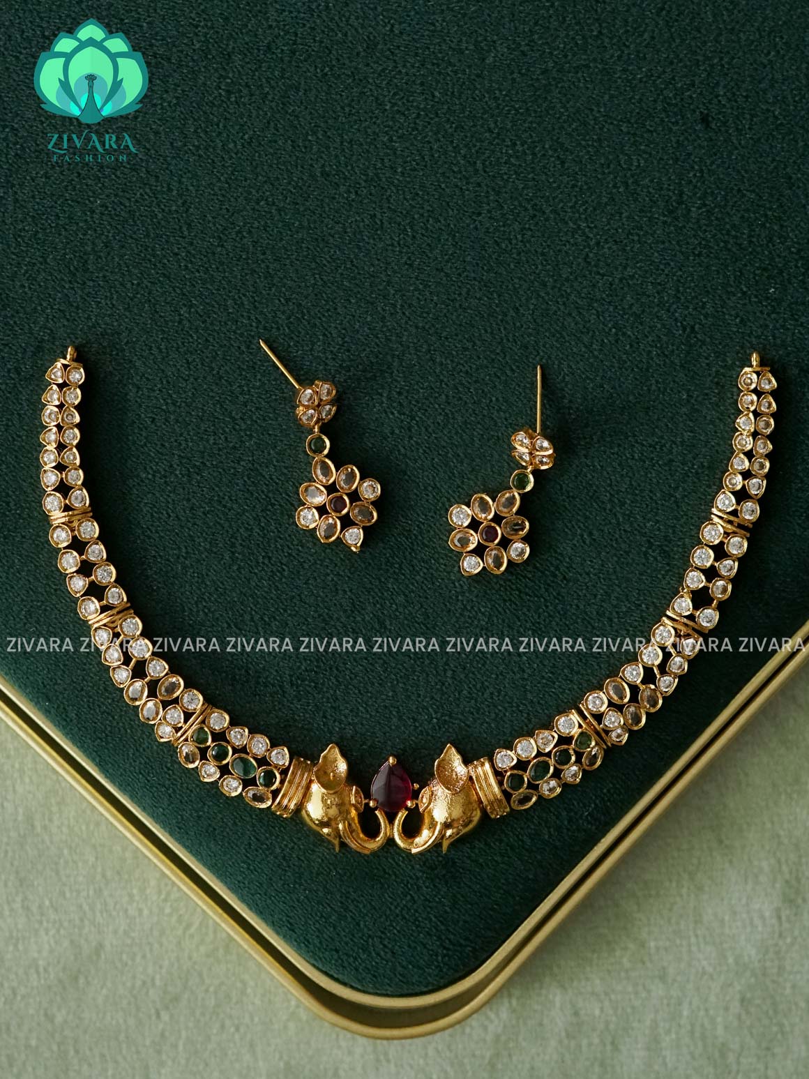 ELEPHANT - Traditional south indian PREMIUM MATTE neckwear with earrings - Zivara Fashion
