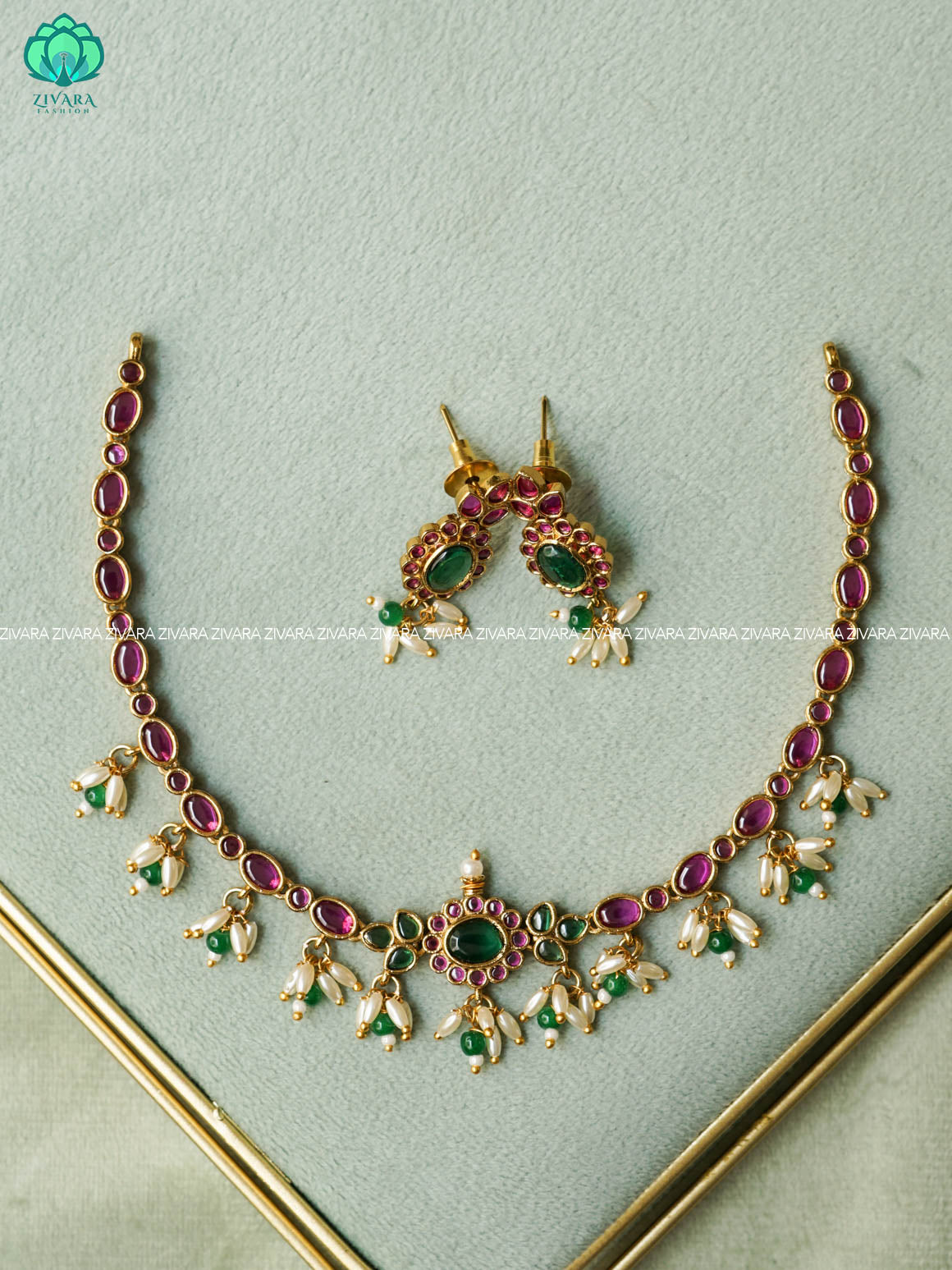 RUBY STONE FLORAL KIDS FRIENDLY NECKWEAR - Traditional south indian premium neckwear with earrings - Zivara Fashion- latest jewellery design