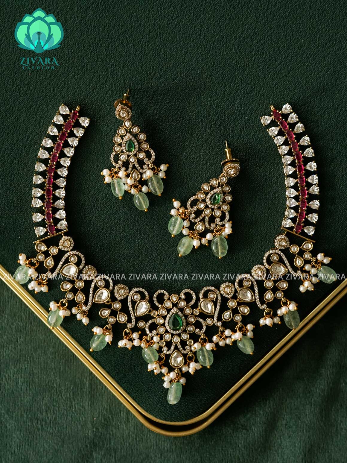 Bridal real kemp stone neckwear -Traditional south indian premium neckwear with earrings- Zivara Fashion- latest jewellery design.