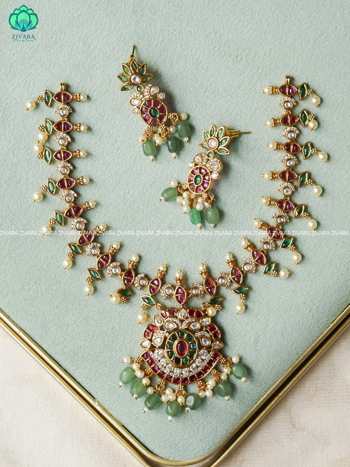 REAL KEMP FLORAL WITH GREEN BEADS NECKWEAR Traditional south indian premium neckwear with earrings- Zivara Fashion- latest jewellery design