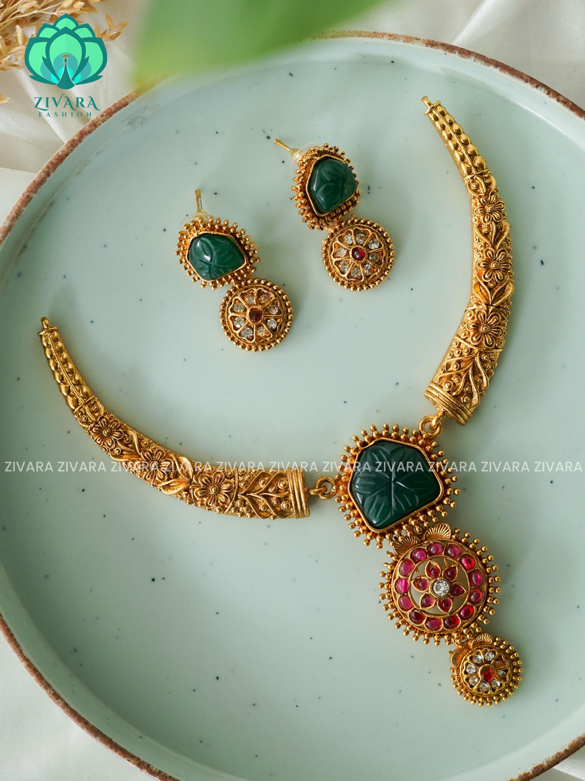 GREEN STONE NON TEMPLE HASLI   - Traditional south indian NORMAL MATTE neckwear with earrings- Zivara Fashion- latest jewellery design
