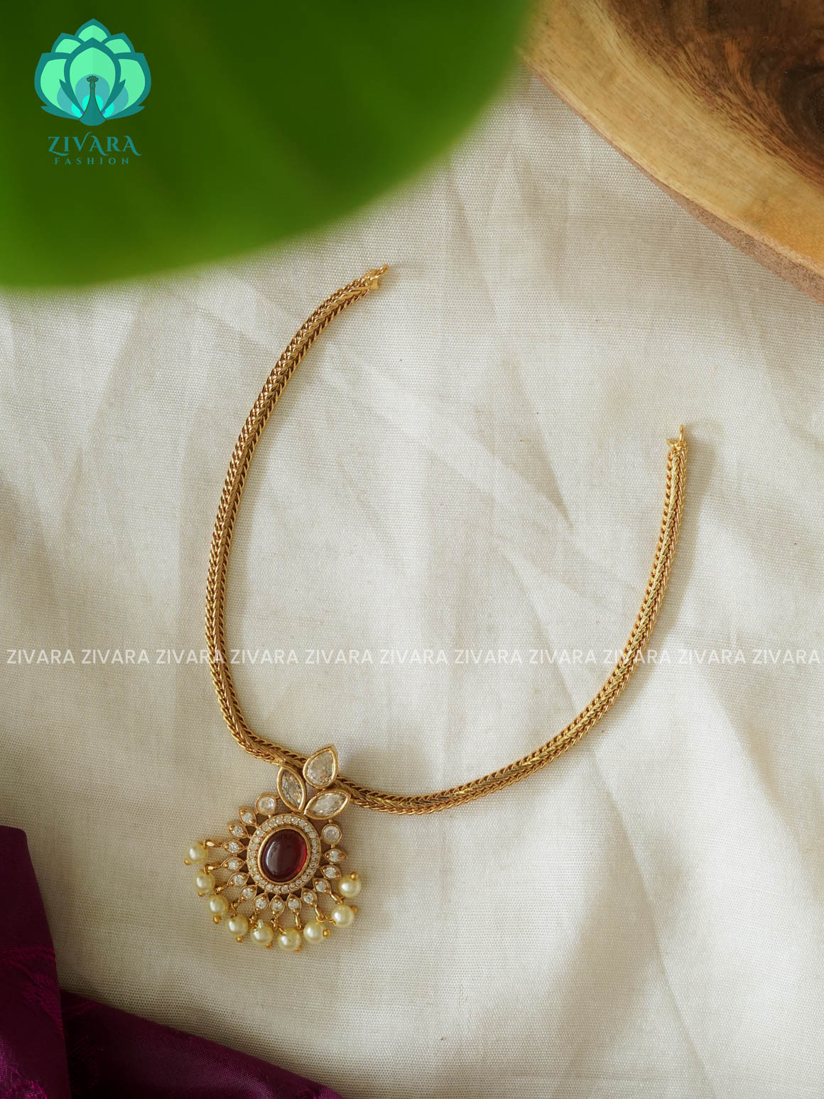 RUBY - KIDS FRIENDLY OVAL PENDANT WITH FLEXIBLE CHAIN   -  Traditional south indian premium neckwear - Zivara Fashion- latest jewellery design.